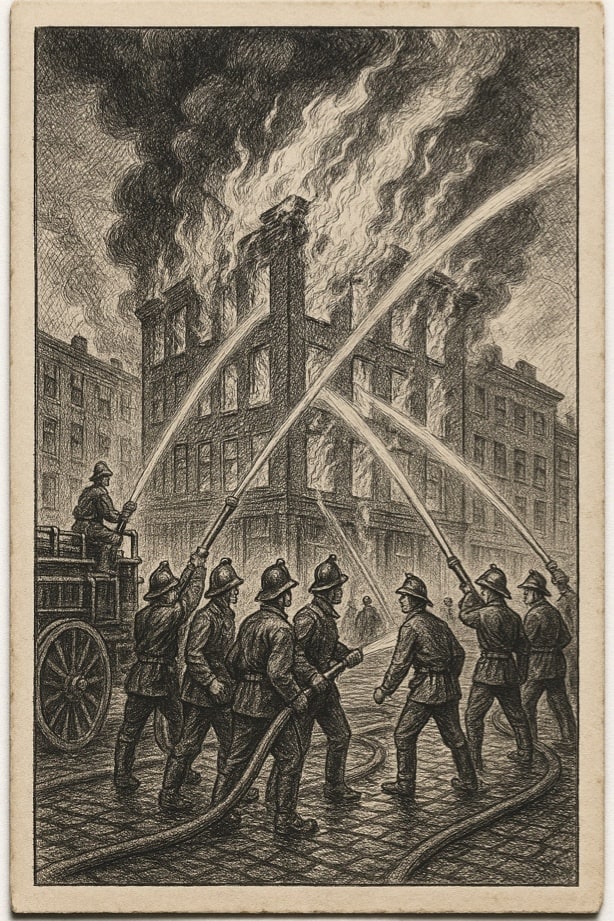 wide shot illustration of a 1920s firefighter axe brigade putting out a fire on a burning building using ladders and fire hoses, etching, print, historic, old, archive image