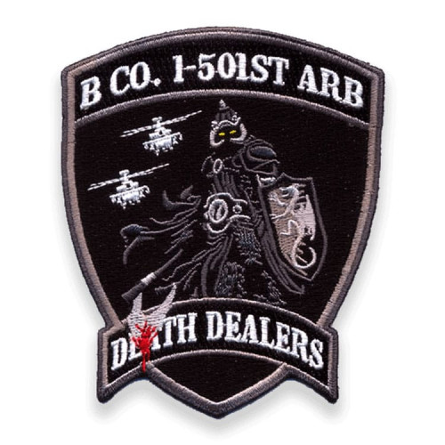red, black, white, and gray shield shape with warrior and helicopters, B CO 1-501st ARB Death Dealers