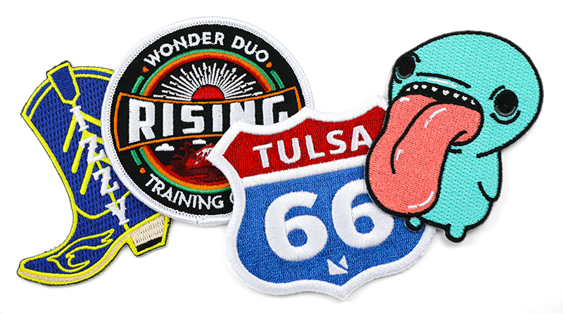 4 embroidered patches, western boot, rising sun camp, Tulsa 66 road sign, green cartoon character sticking out its tongue
