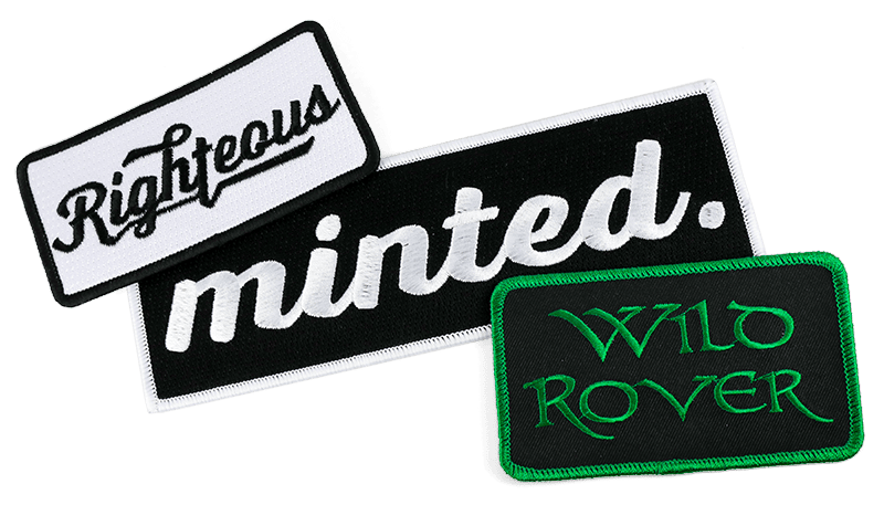 3 embroidered name patches, black, white, and green, with the words righteous, minted, and wild rover