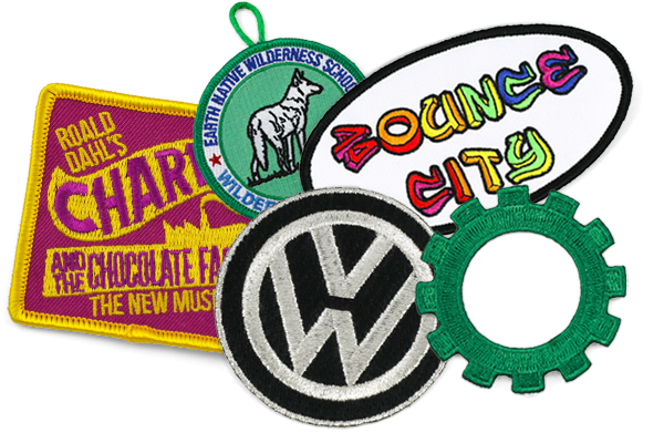 5 different patches showing options: A yellow merrowed border on a purple patch, a button loop on a scout patch, silver metallic thread on the VW logo, neon thread lettering, and a green patch hot-cut to a gear shape