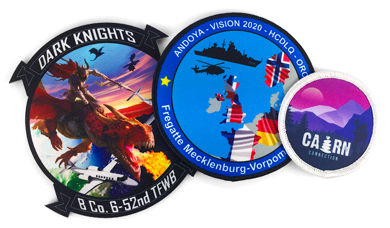 3 printed patches, Dark Knights military patch with flying dragons, military map with flags, purple and pink nature landscape