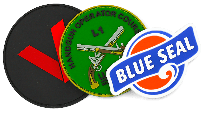 3 PVC patches, black with red V, Handgun operator course with 2 guns and green background, Blue Seal logo with orange sun and blue wave