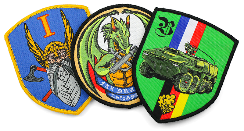 3 woven patches, full color, Norse god face, dragon, army tank