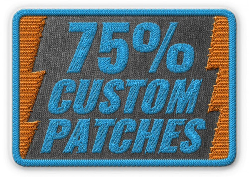 Black, orange, and teal embroidered patch: 75% Custom Patches