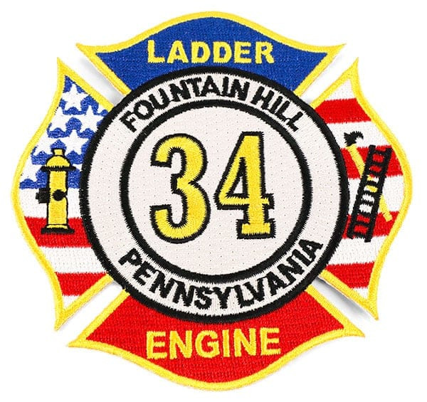 Red, white, blue, yellow, and black embroidered patch in the shape of a Maltese cross with the text: Ladder Engine, Fountain Hill, Pennsylvania, 34
