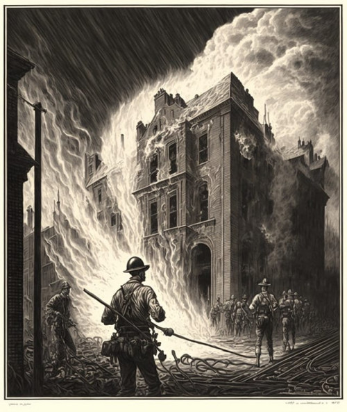 wide shot illustration of a 1920s firefighter axe brigade putting out a fire on a burning building using ladders and fire hoses, etching, print, historic, old, archive image