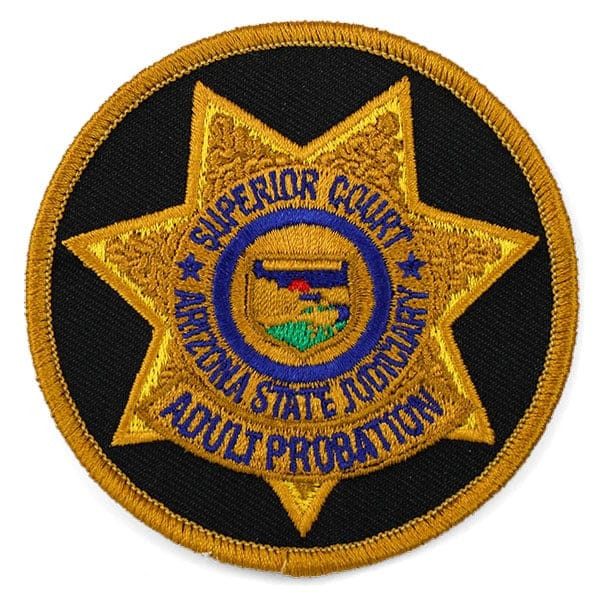 Gold, black, and blue embroidered patch with police star: Superior Court, Arizona State Judiciary, Adult Probation