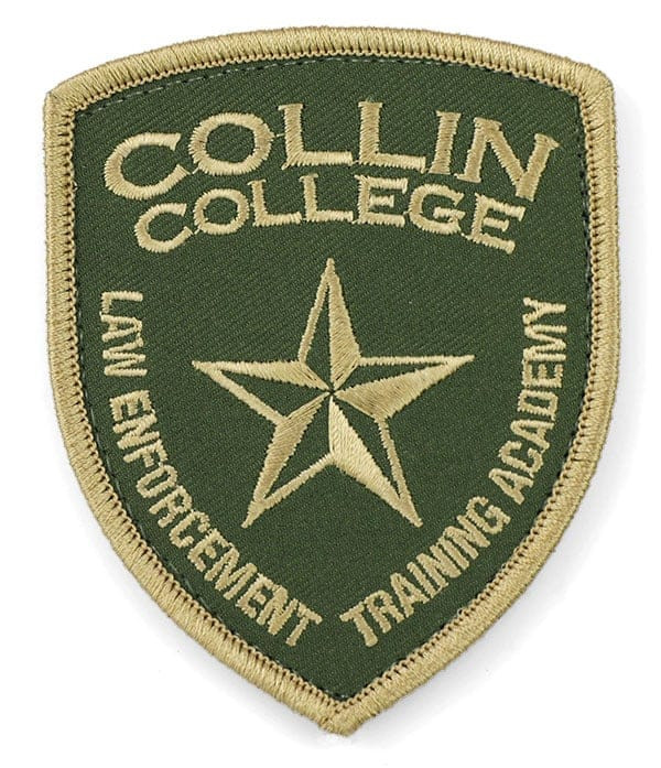 Green and tan embroidered patch, shield shape. Collin College, Law Enforcement Training Academy