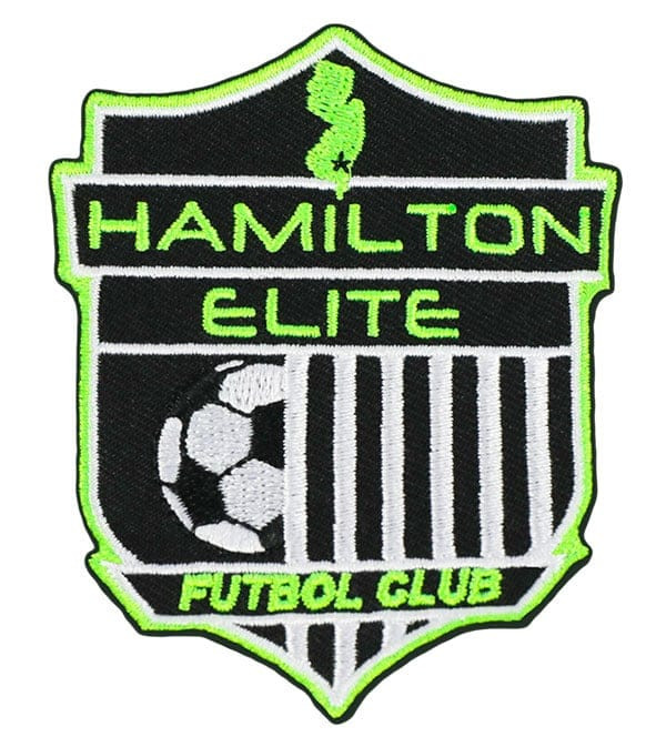 Black, white, and neon green embroidered patch, hot cut to shield shape with state of New Jersey and soccer graphic: Hamilton Elite football club