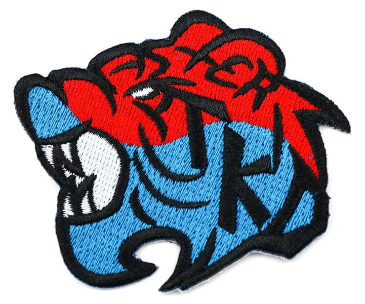 Blue, red, black, and white martial arts embroidered patch, hot cut to shape of a tiger head