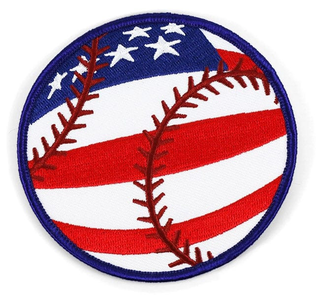 Blue, red, and white circular embroidered patch with American flag and baseball design