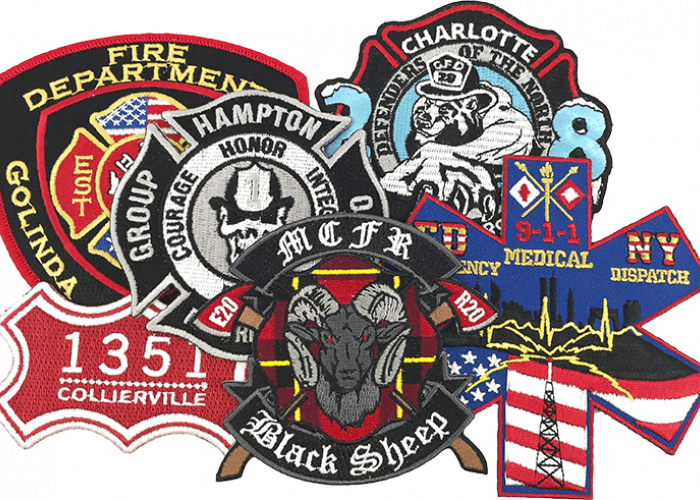 6 different Fire Fighter patches, embroidered with different colors, shapes and designs.