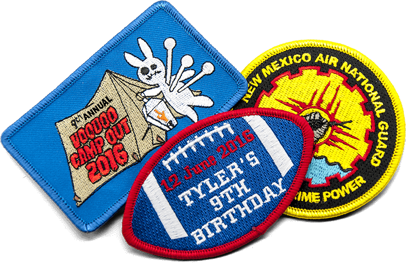 3 different embroidered iron patches, Voodoo camp out with bunny, football birthday, New Mexico Air National Guard