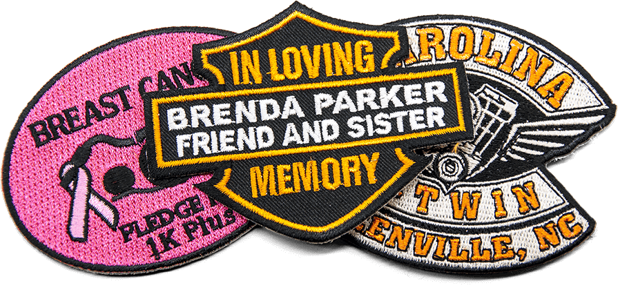 3 embroidered motorcycle patches, various shapes, colors, sizes, and design