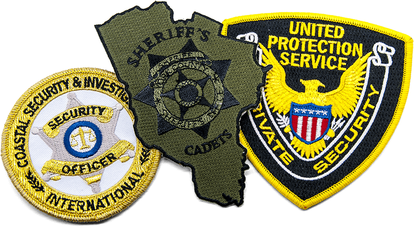 3 different police patches, various shapes, colors, sizes, and designs