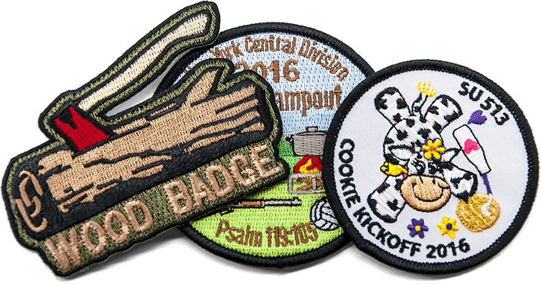 3 embroidered scout patches, various shapes, colors, sizes, and designs