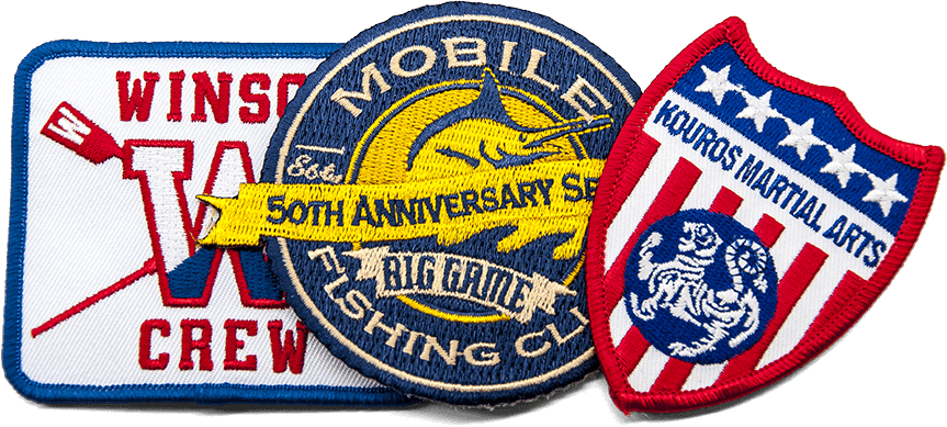 3 embroidered sports patches, various colors, shapes, sizes, and designs